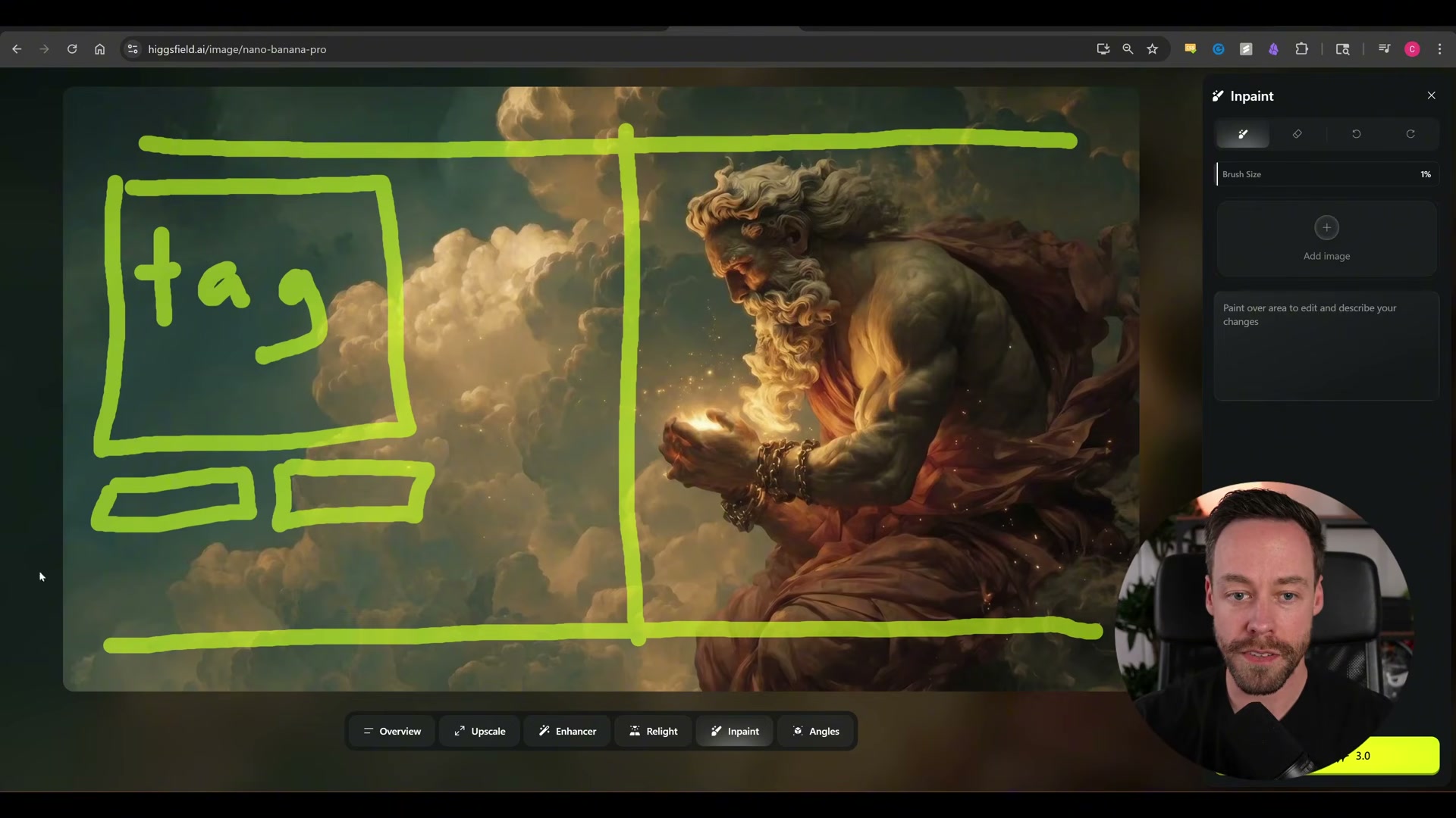 Hand-drawn wireframe overlay on the Higgsfield image shows the split-hero layout: copy and CTAs on the left, the AI-generated figure anchored right.