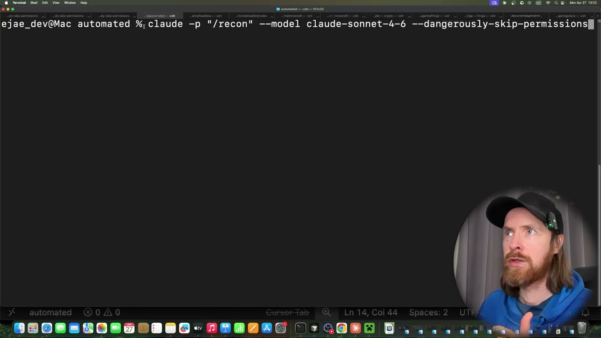 Triggering the recon skill headlessly: `claude -p 