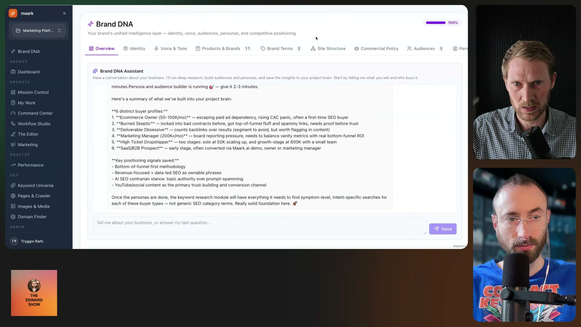 The Brand DNA Assistant outputs 6 buyer personas and key positioning signals that feed directly into the keyword universe — no manual briefing required.