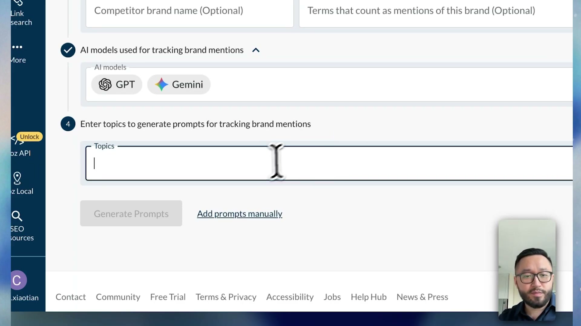 Step 4: type topics relevant to your brand — each topic generates 25 AI tracking prompts. Use 'Add prompts manually' if you prefer direct control.