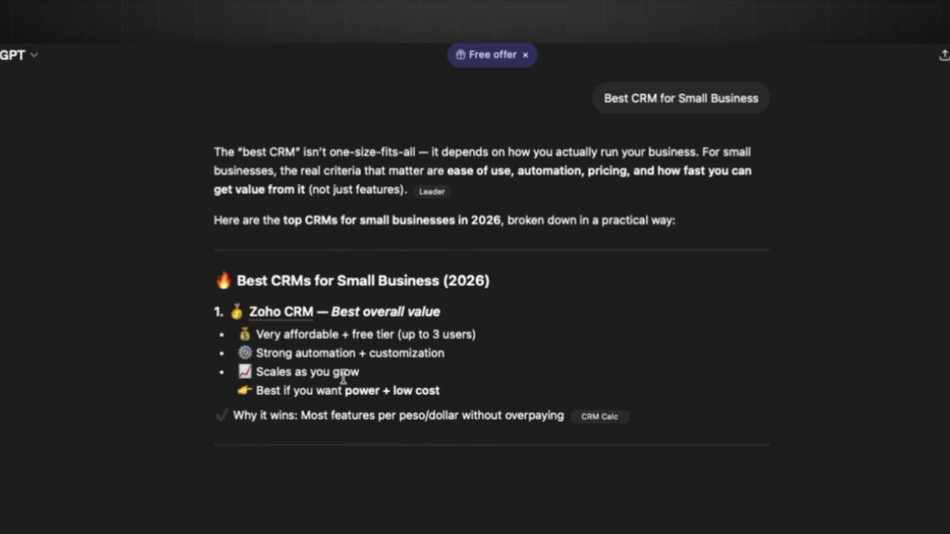 ChatGPT surfaces Zoho CRM as the #1 pick for small businesses — note the citation badges and structured bullet format AI engines favor.
