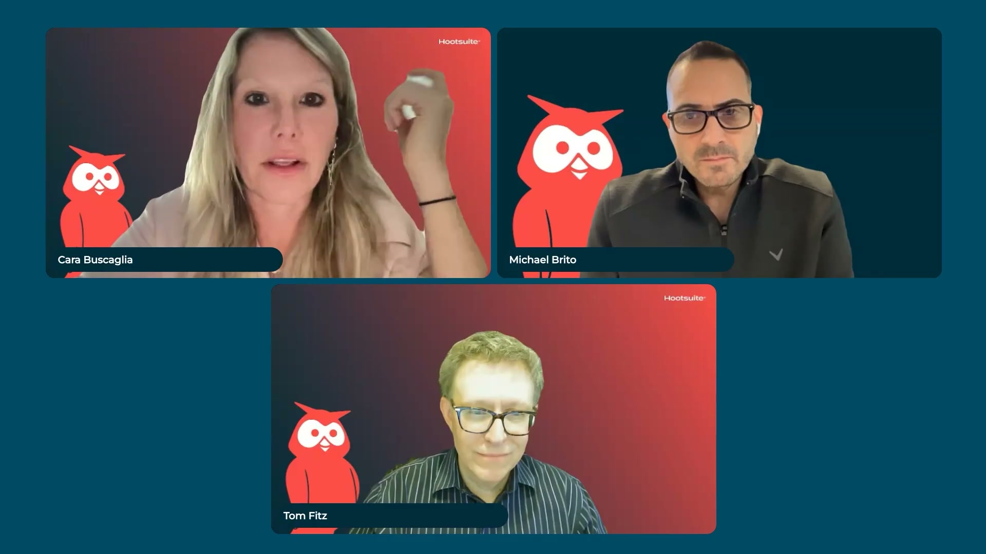 Cara Buscaglia makes the case for agentic AI in the marketing intelligence stack, flanked by Michael Brito and Tom Fitz.