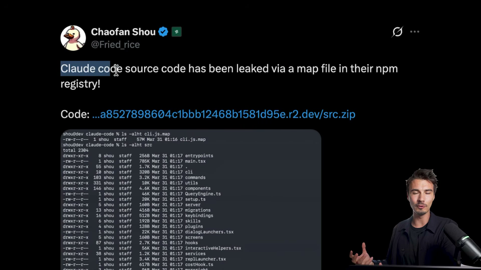 Claude Code's source tree exposed via an npm map file leak — the directory structure revealed internal modules like keybindings, skills, plugins, and hooks.