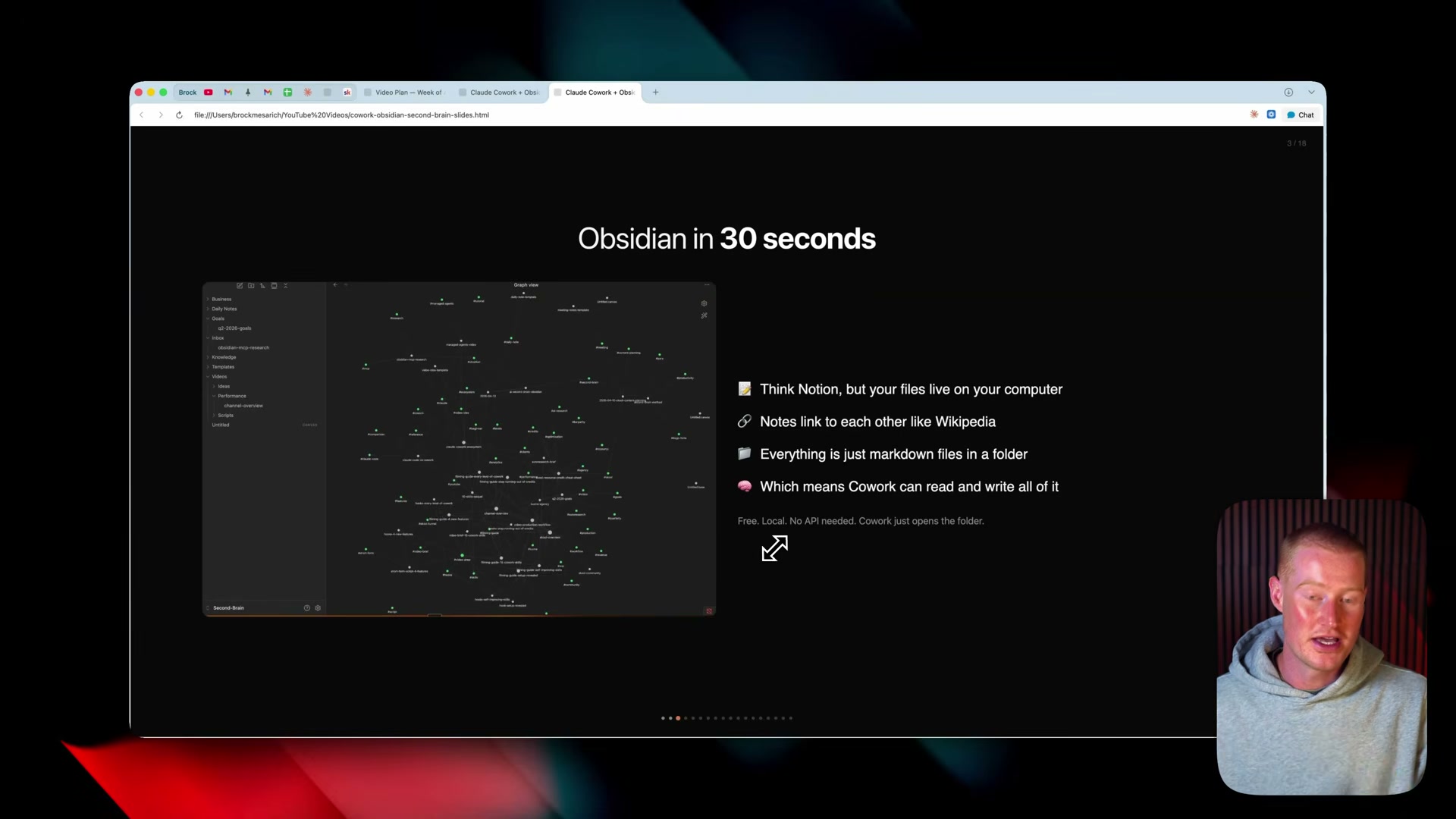 Obsidian in 30 seconds: local markdown files mean no API key, no sync fees, and full read/write access for Claude Co-work.