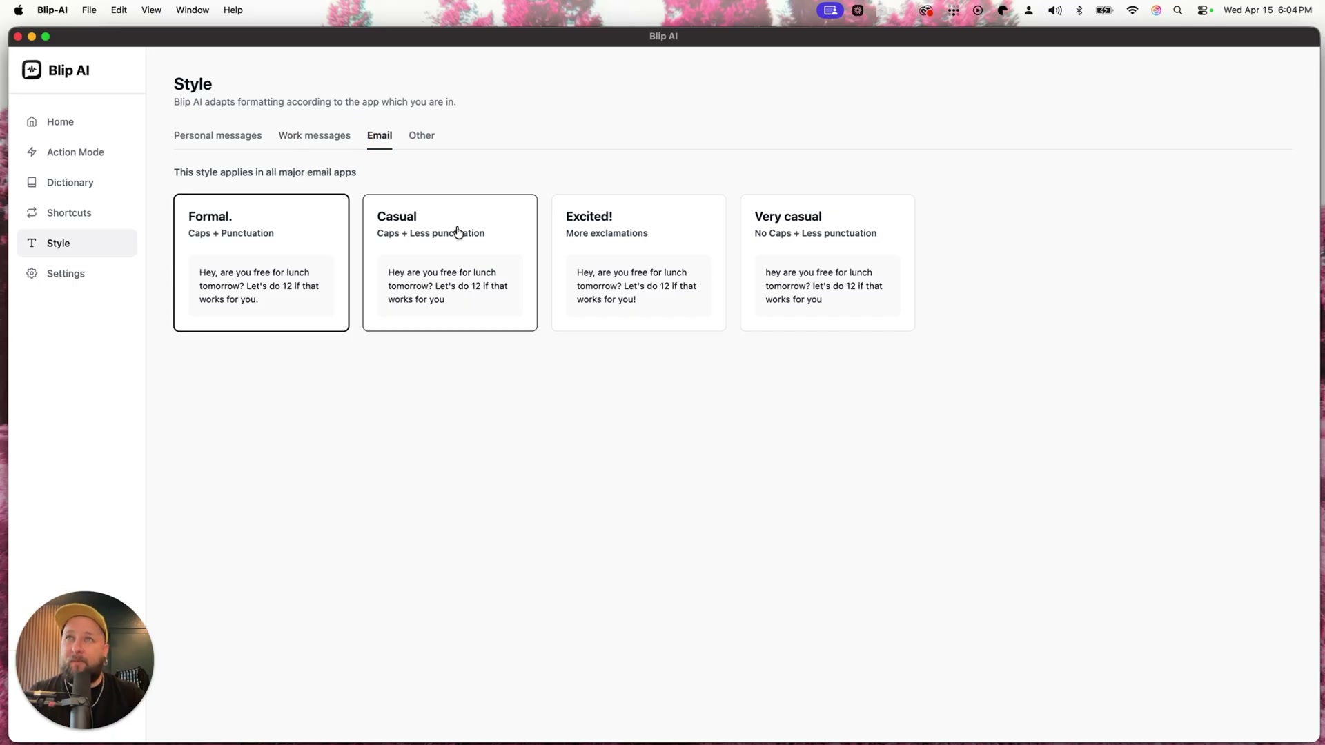 Blip AI Style settings: choose Formal, Casual, Excited, or Very Casual tone for email dictation