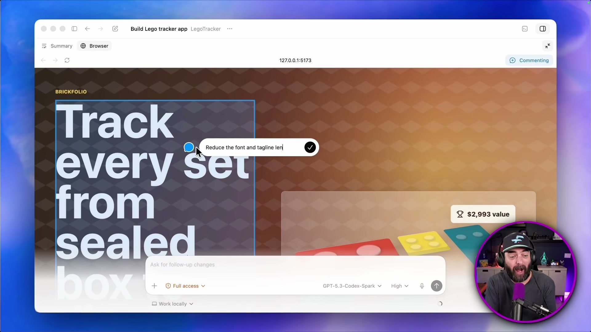 Codex in-app browser with click-to-comment: annotate your live app preview directly and Codex implements the change