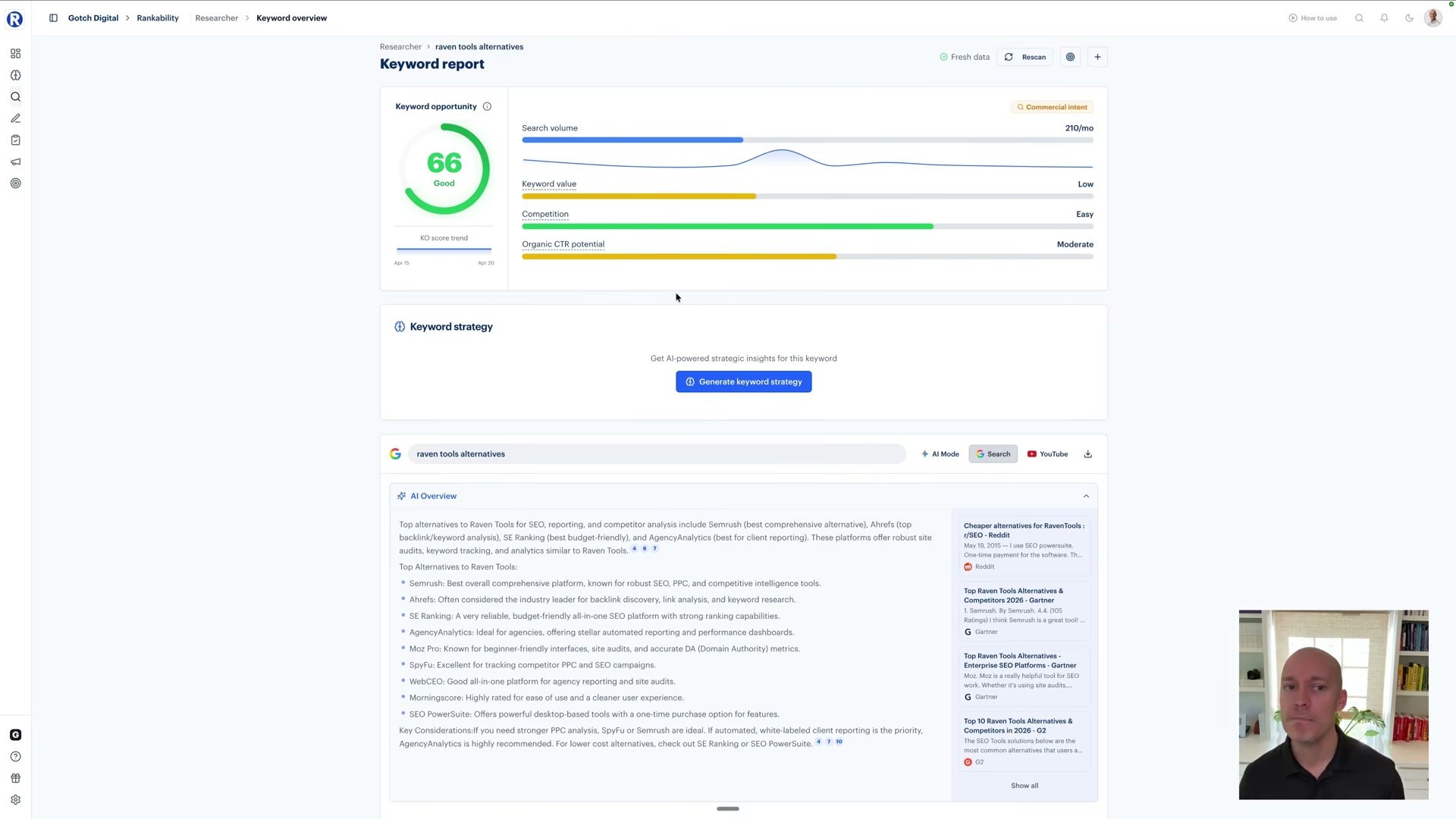 One screen shows the full picture: a keyword with 'Moderate' CTR potential and a fully expanded AI Overview answering the query — this is why CTR potential must factor into your targeting decisions