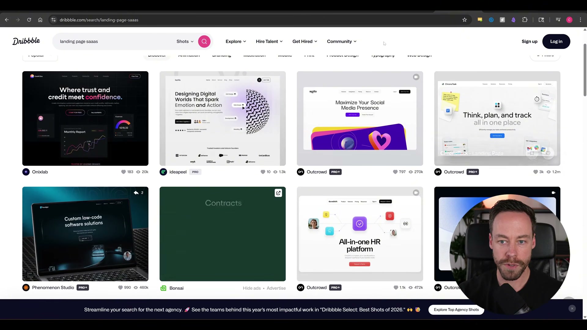 Browsing Dribbble for SaaS landing page composition references before briefing Claude Design on the hero layout.