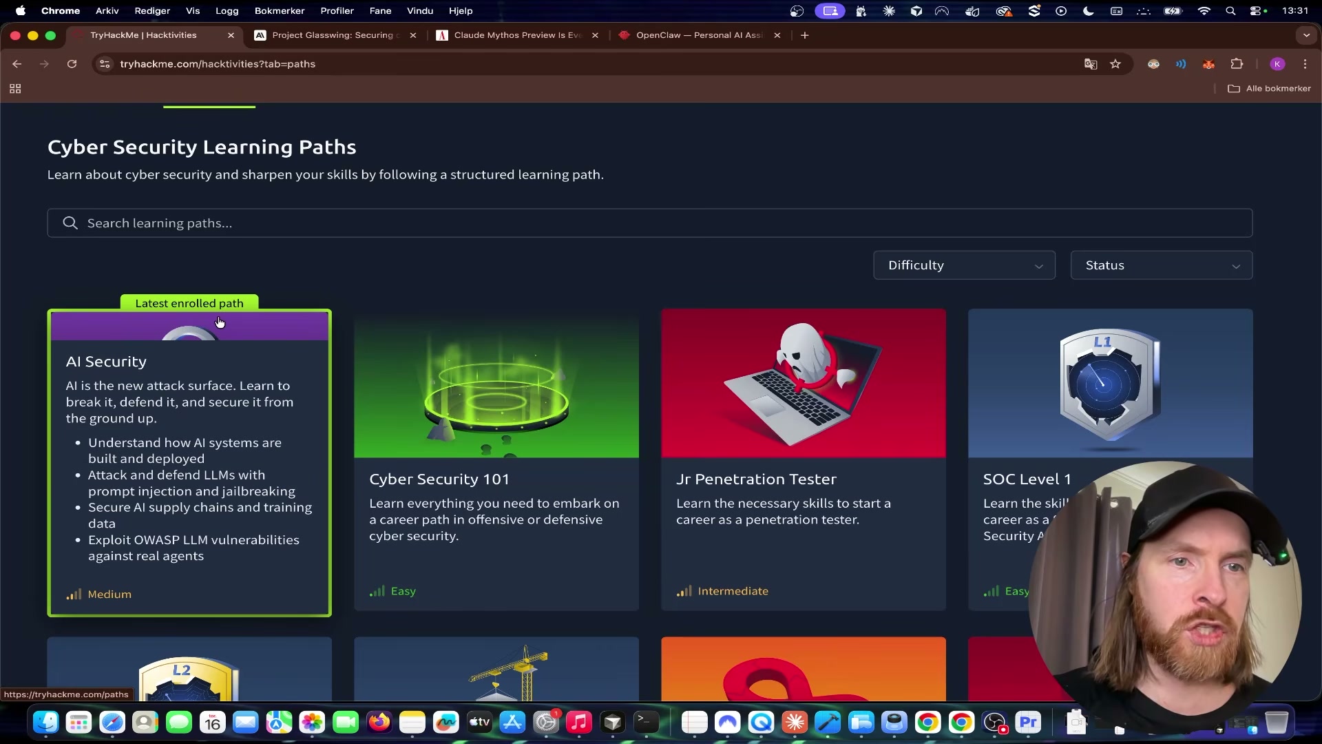 The AI Security path covers four attack vectors: LLM architecture, prompt injection, supply chain attacks, and live OWASP LLM exploitation against real agents