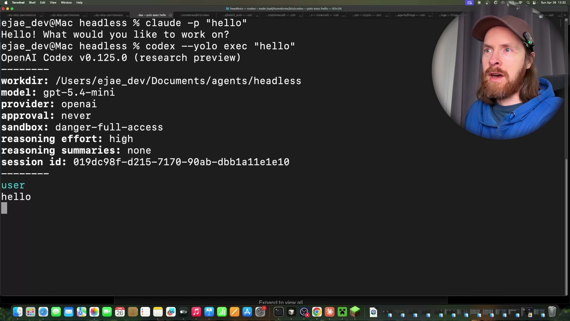 claude -p for headless Claude Code; codex --yolo exec for headless Codex CLI — both confirmed working