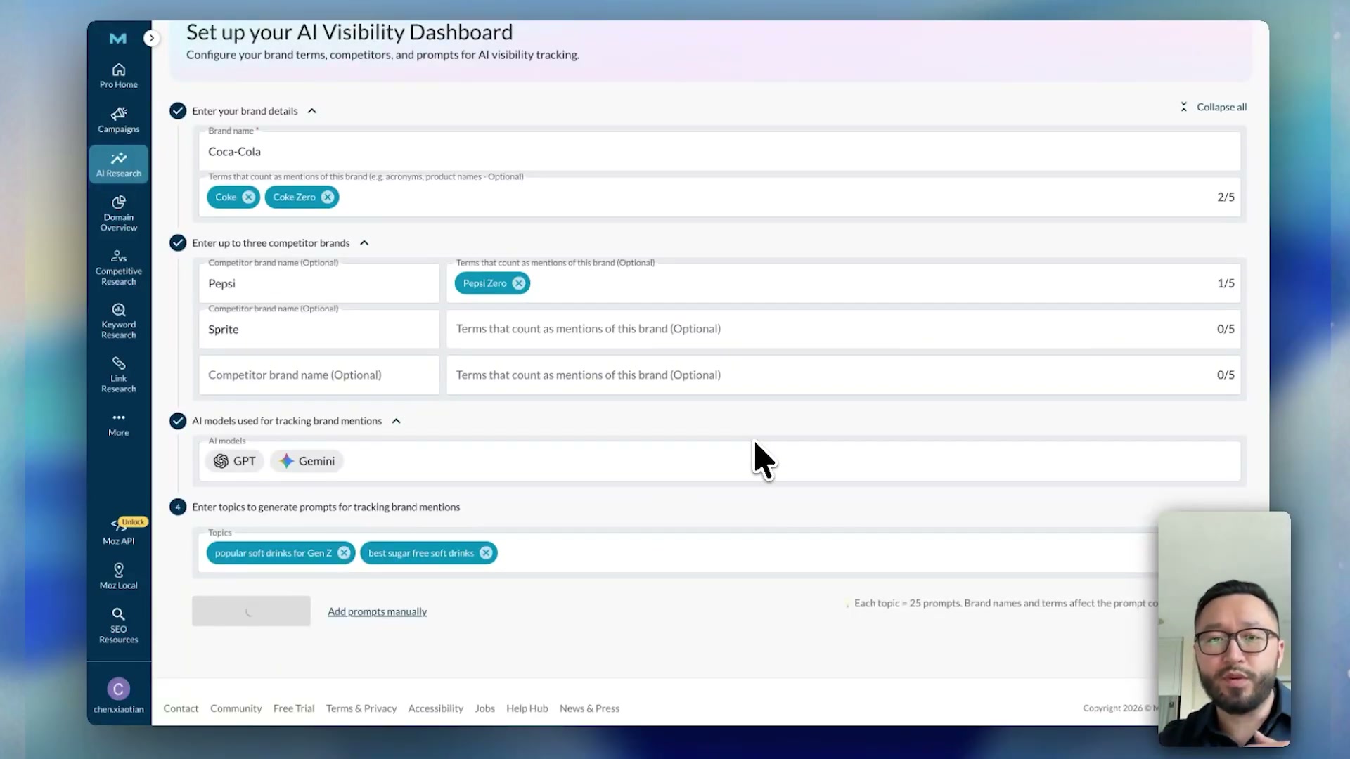 Completed dashboard configuration: brand, competitor brands with aliases, AI models, and topic-driven prompts all set — ready to generate and save.