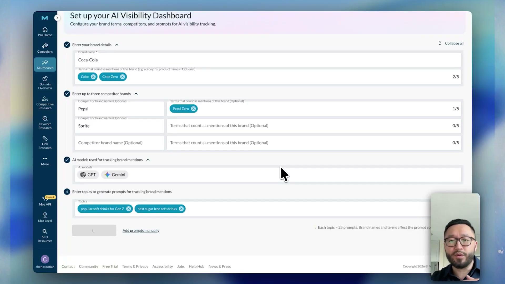 Fully configured AI Visibility Dashboard before saving — brand, competitors, AI engines, and two topic-based prompt sets all in place.