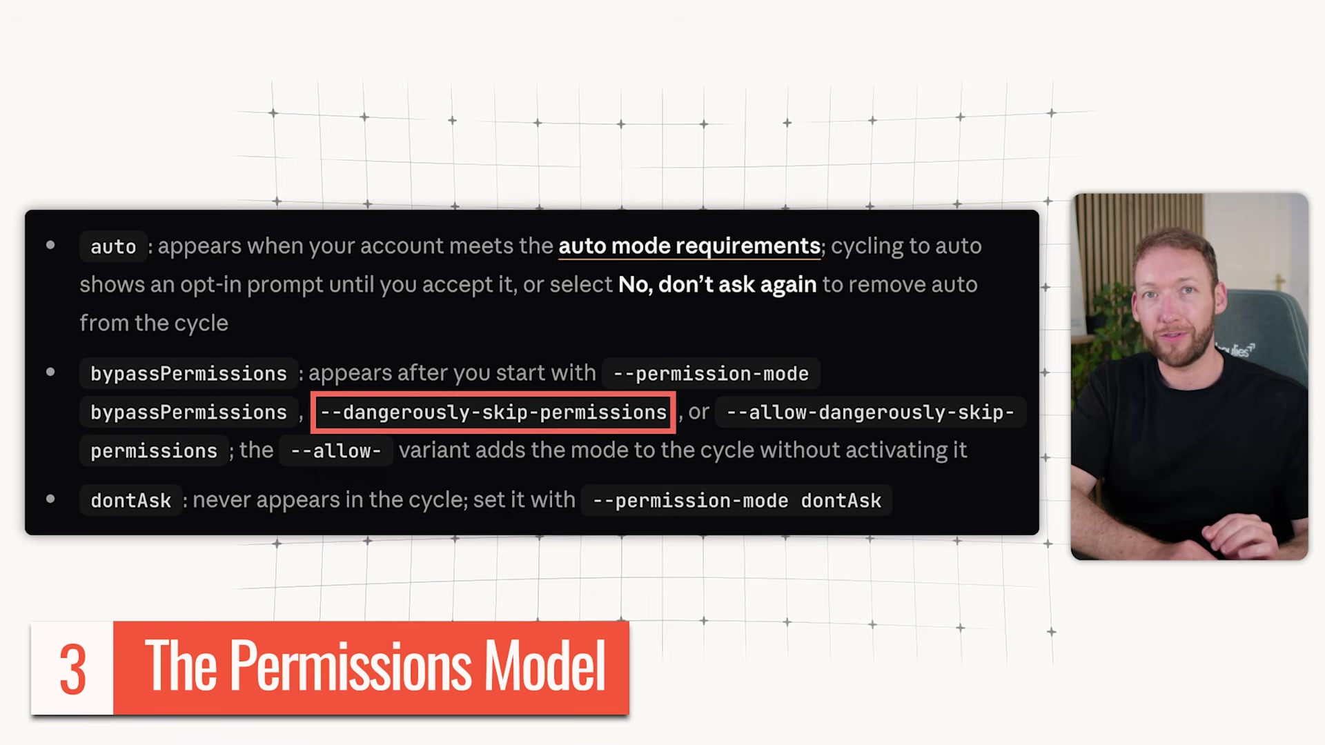 The three Claude Code permission modes explained: auto, bypassPermissions, and dontAsk — and the CLI flags that control each.