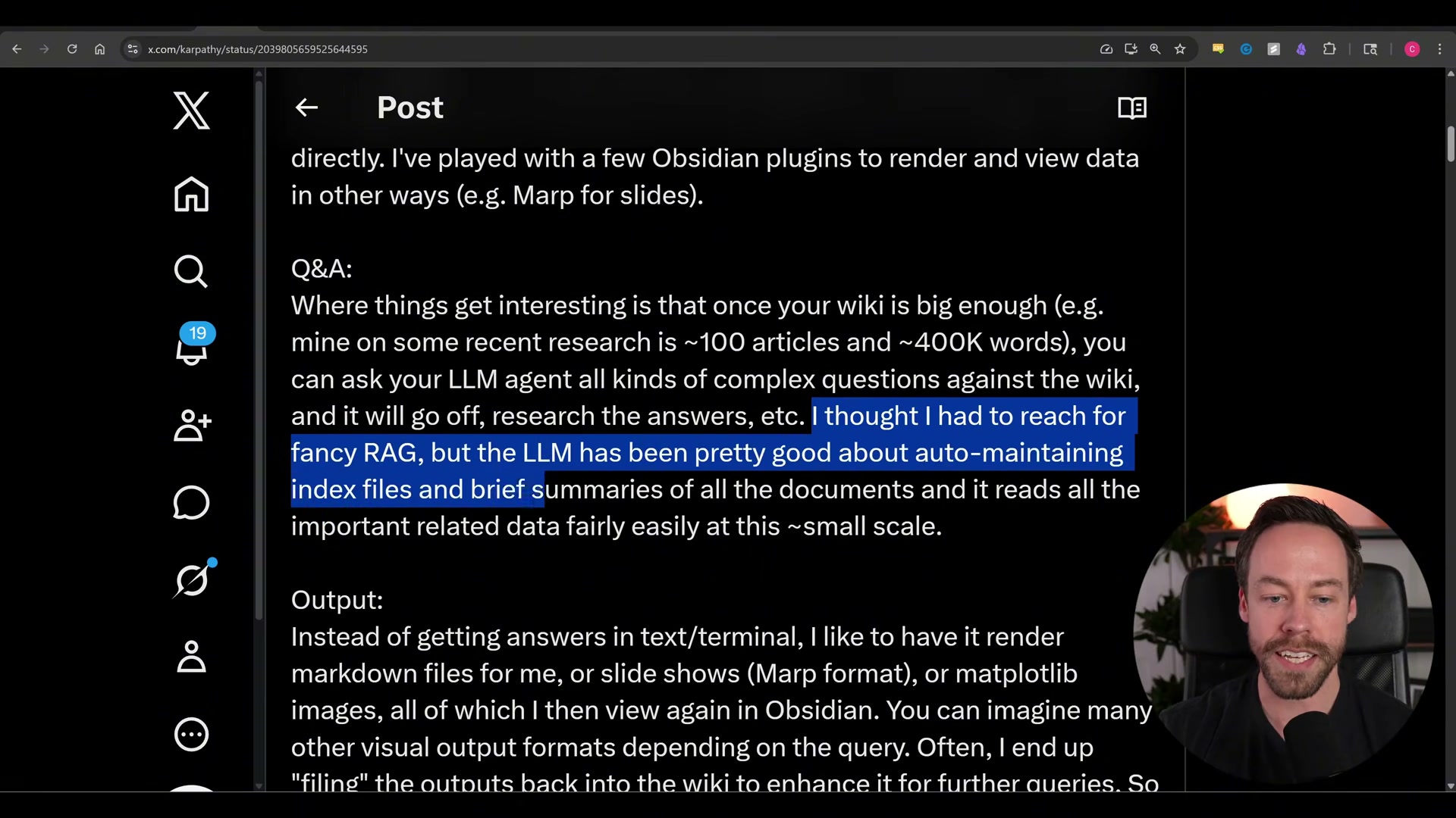 Karpathy's original post: 'The LLM has been pretty good about auto-maintaining index files and brief summaries of all the documents' — the design principle behind this entire system.