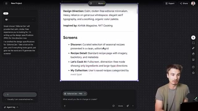 Stitch auto-generates a design direction and screen map before building a single frame