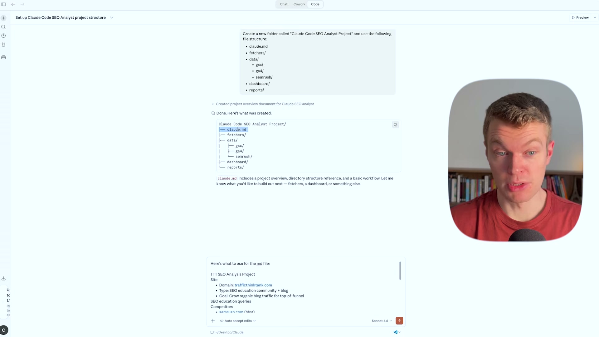 Claude Code confirms the SEO project structure and populates claude.md with your site details