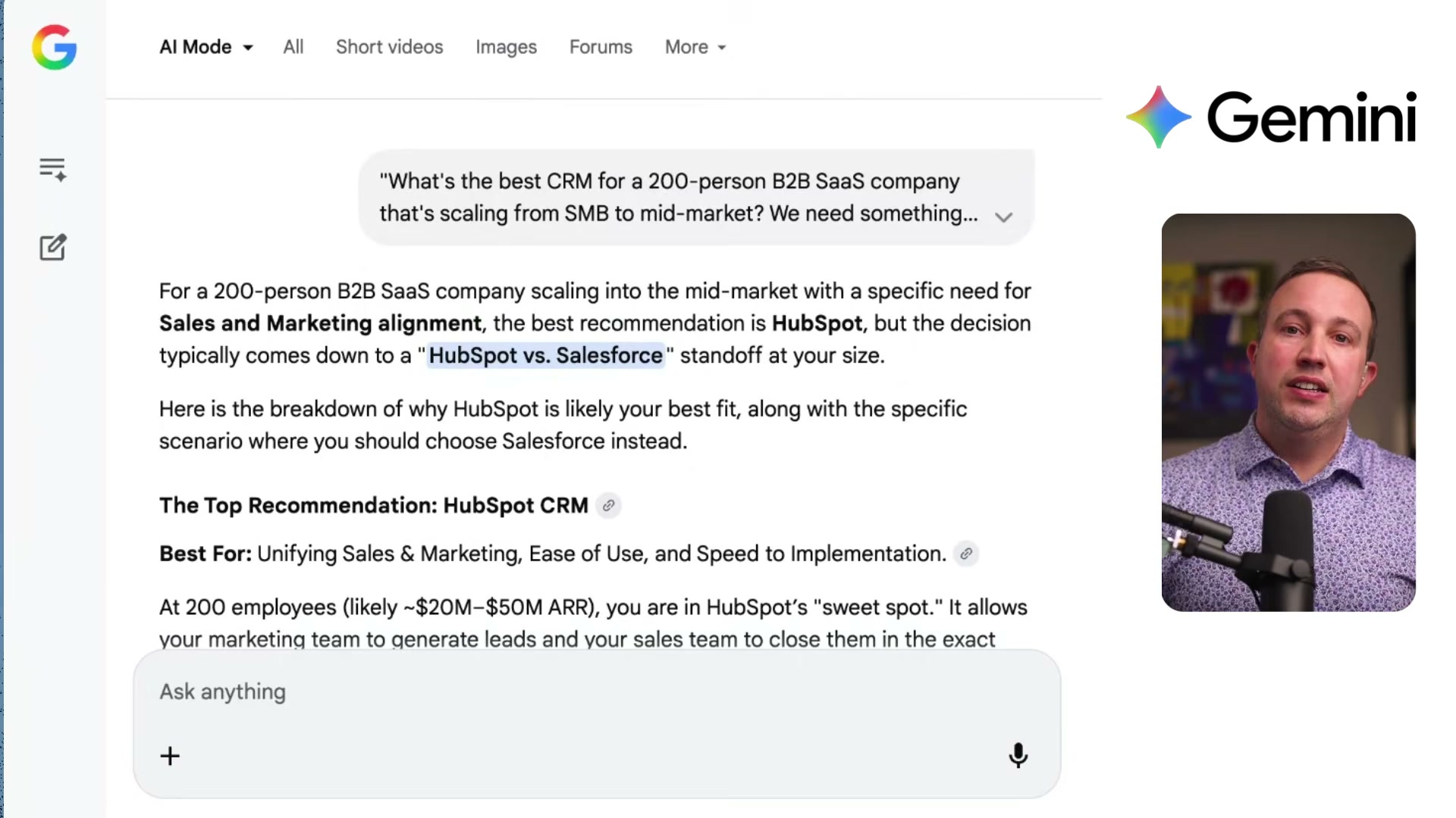Google Gemini's AI Mode recommends HubSpot for the same query — consistent brand citation across all four engines