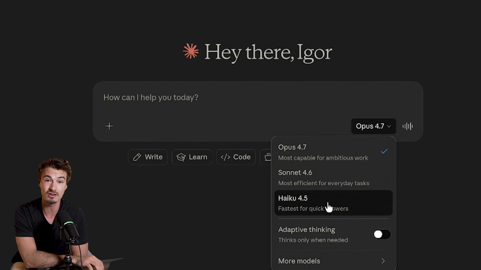 Selecting Opus 4.7 in Claude.ai: the model picker and Adaptive Thinking toggle explained