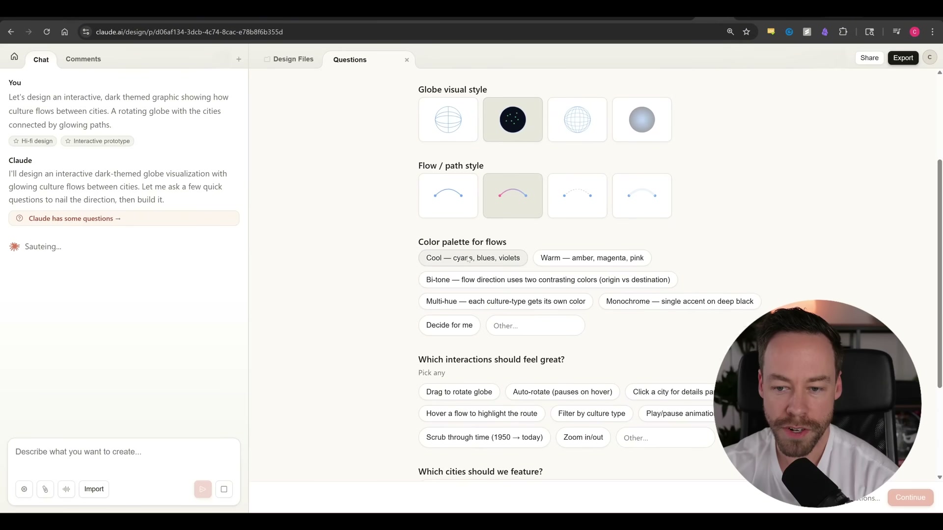Claude Design's Questions panel: instead of guessing, Claude surfaces visual-style choices as clickable options before it writes a single line of code.