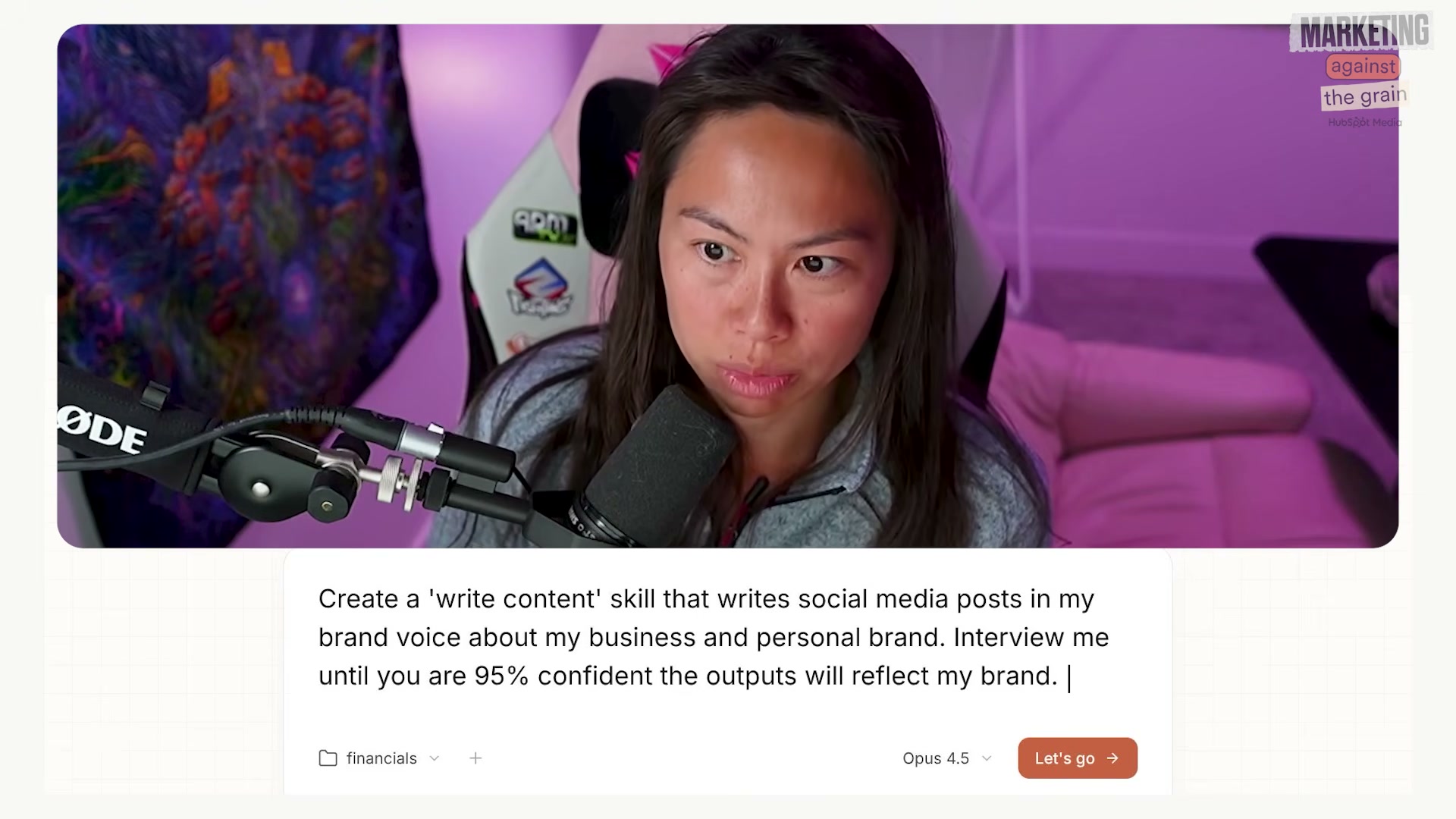 Claude Cowork setup: paste the brand-voice skill prompt, select Opus 4.5, and hit 'Let's go'