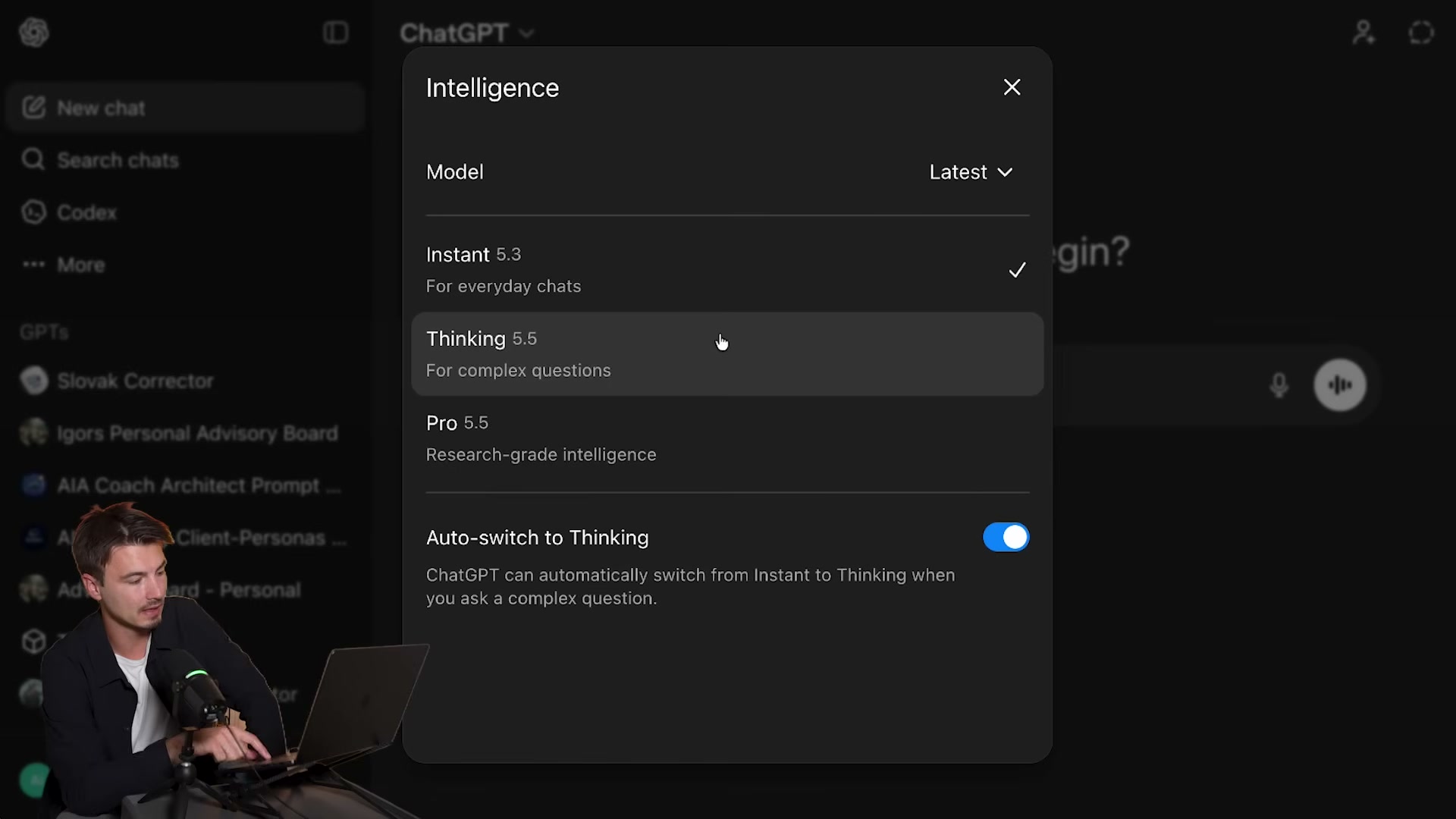 ChatGPT's model picker: GPT 5.5 comes in Thinking and Pro tiers — the 'Auto-switch to Thinking' toggle lets the model self-escalate on complex prompts.