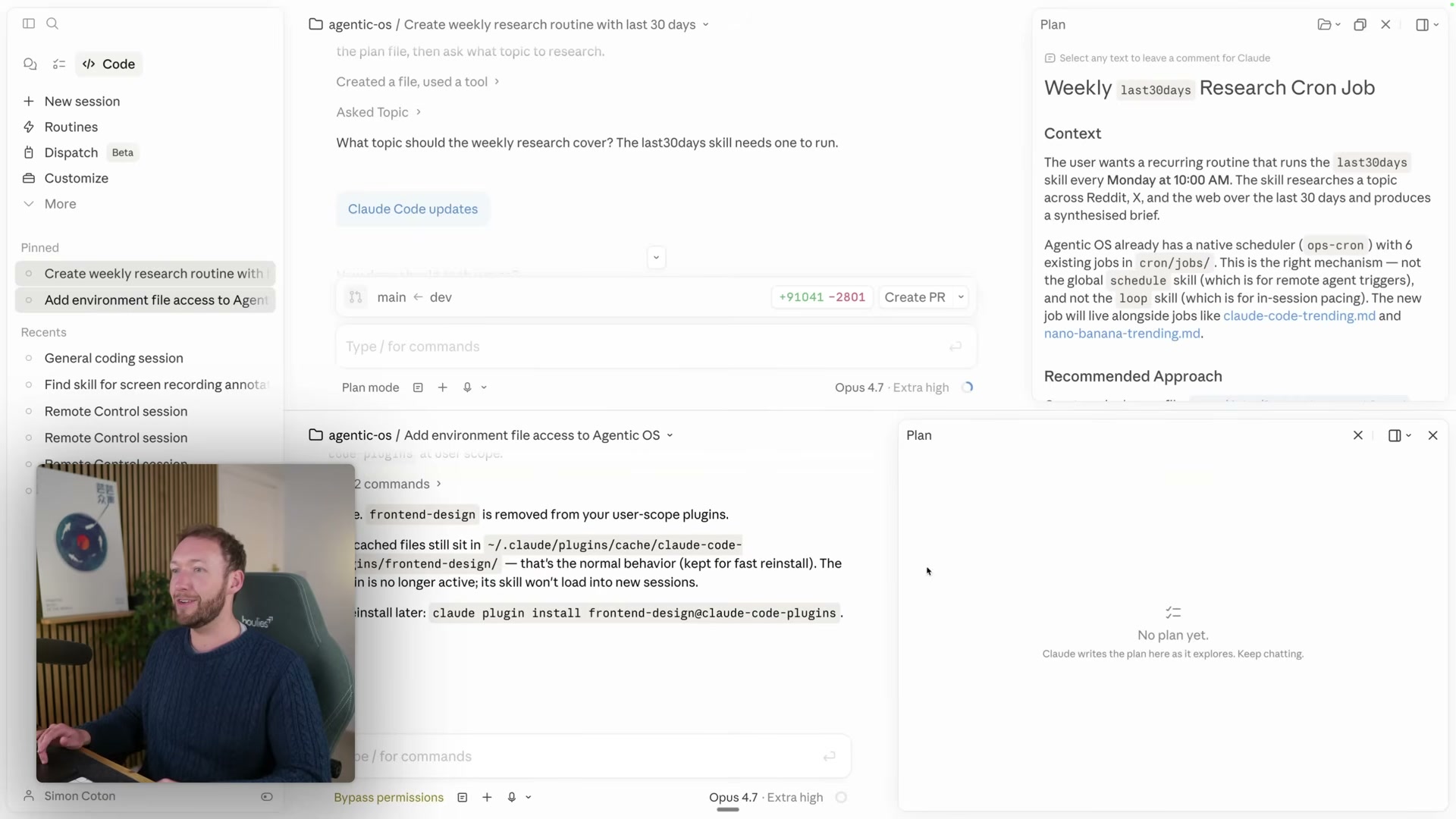 The Plan panel renders the full YAML frontmatter Claude writes for a scheduled cron job — readable and reviewable without leaving the app.