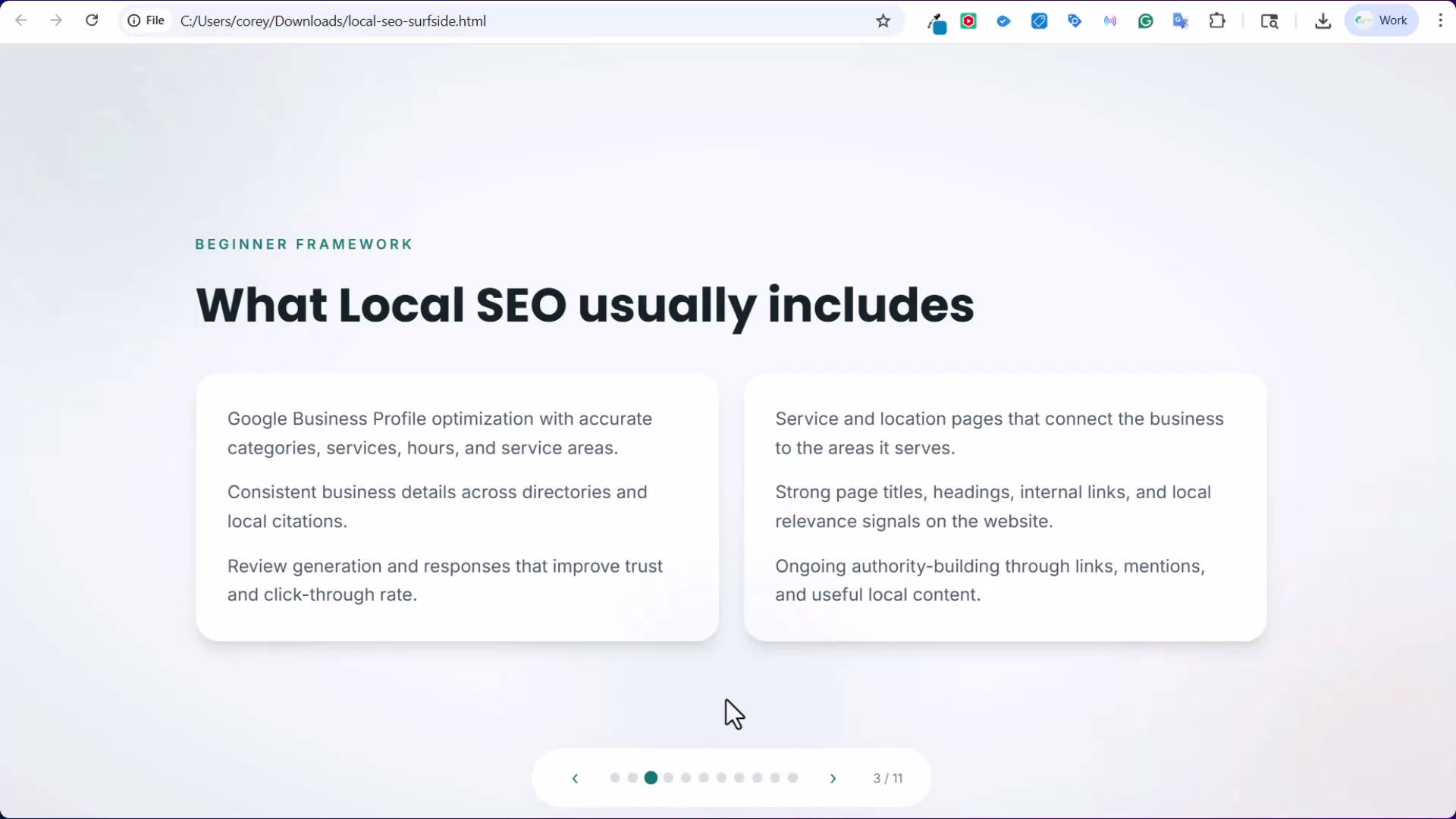 Local SEO in practice spans six areas: Google Business Profile, citations, reviews, service pages, on-page signals, and ongoing authority building.