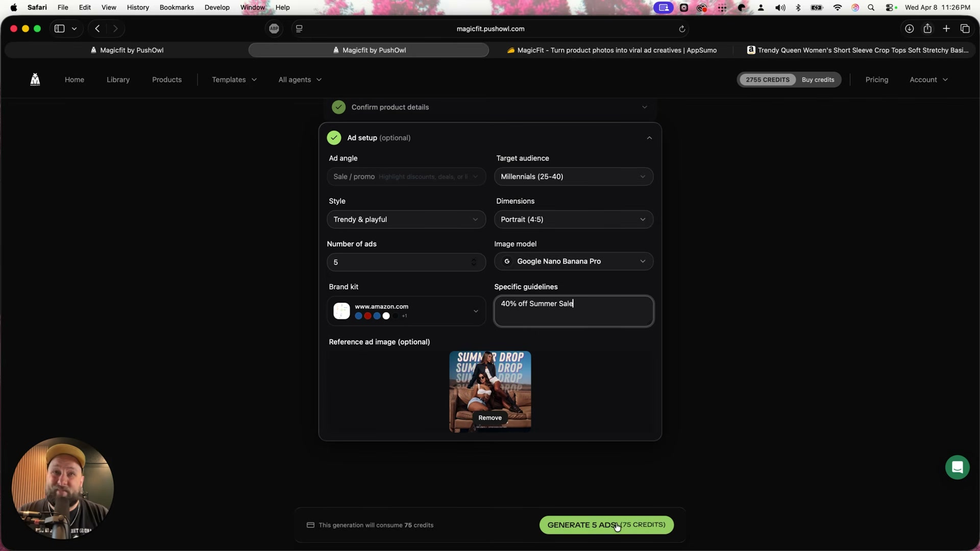 Fully configured ad job: style, count, specific offer copy, and reference image set — ready to generate
