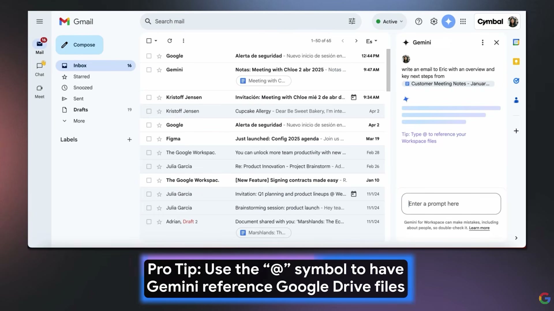 Type '@' inside Gemini for Gmail to pull in Google Drive files as context — a power-user shortcut worth bookmarking.