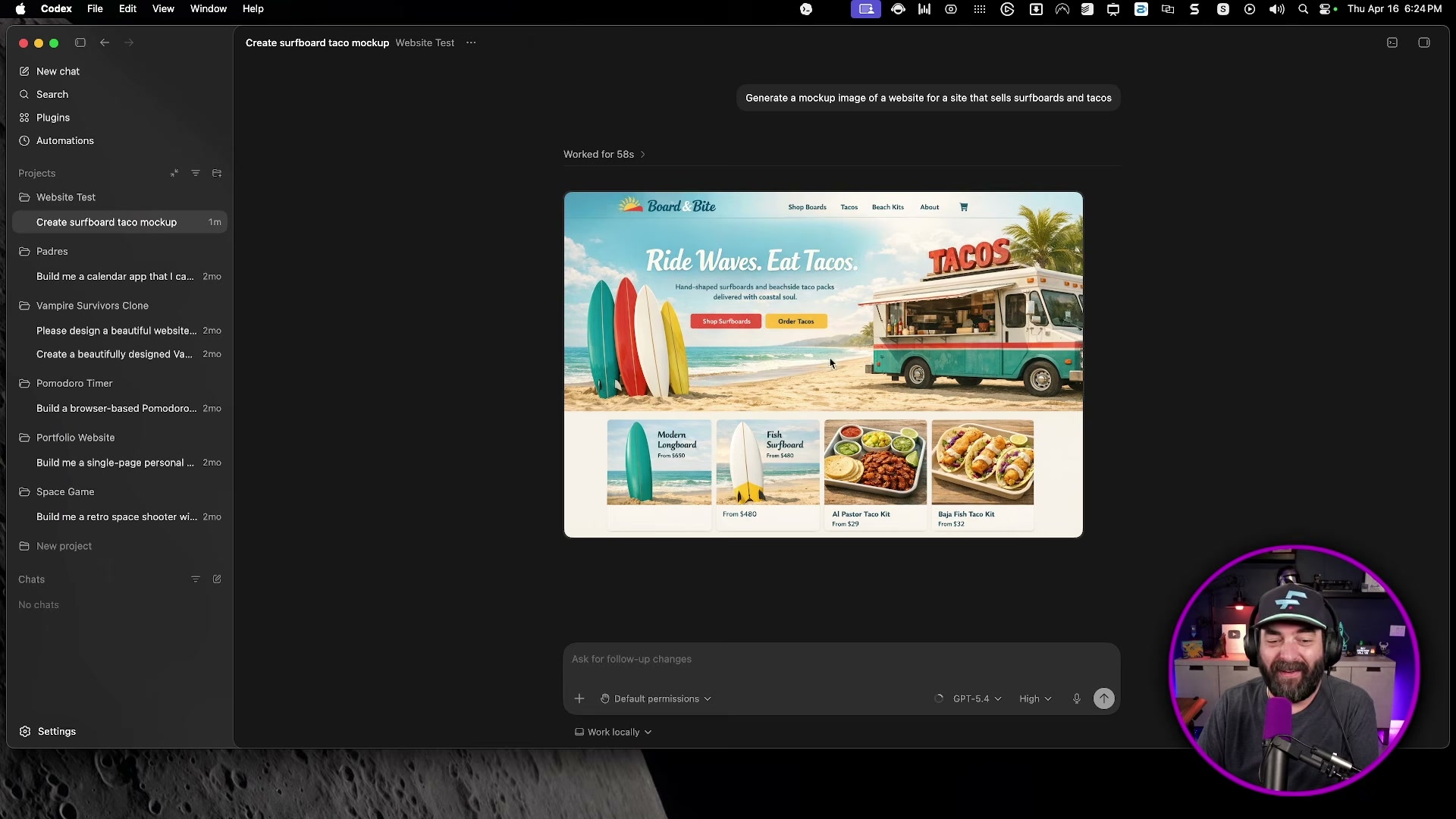 Codex builds a complete e-commerce mockup from a prompt — AI-generated hero image, product cards, and branding in one pass