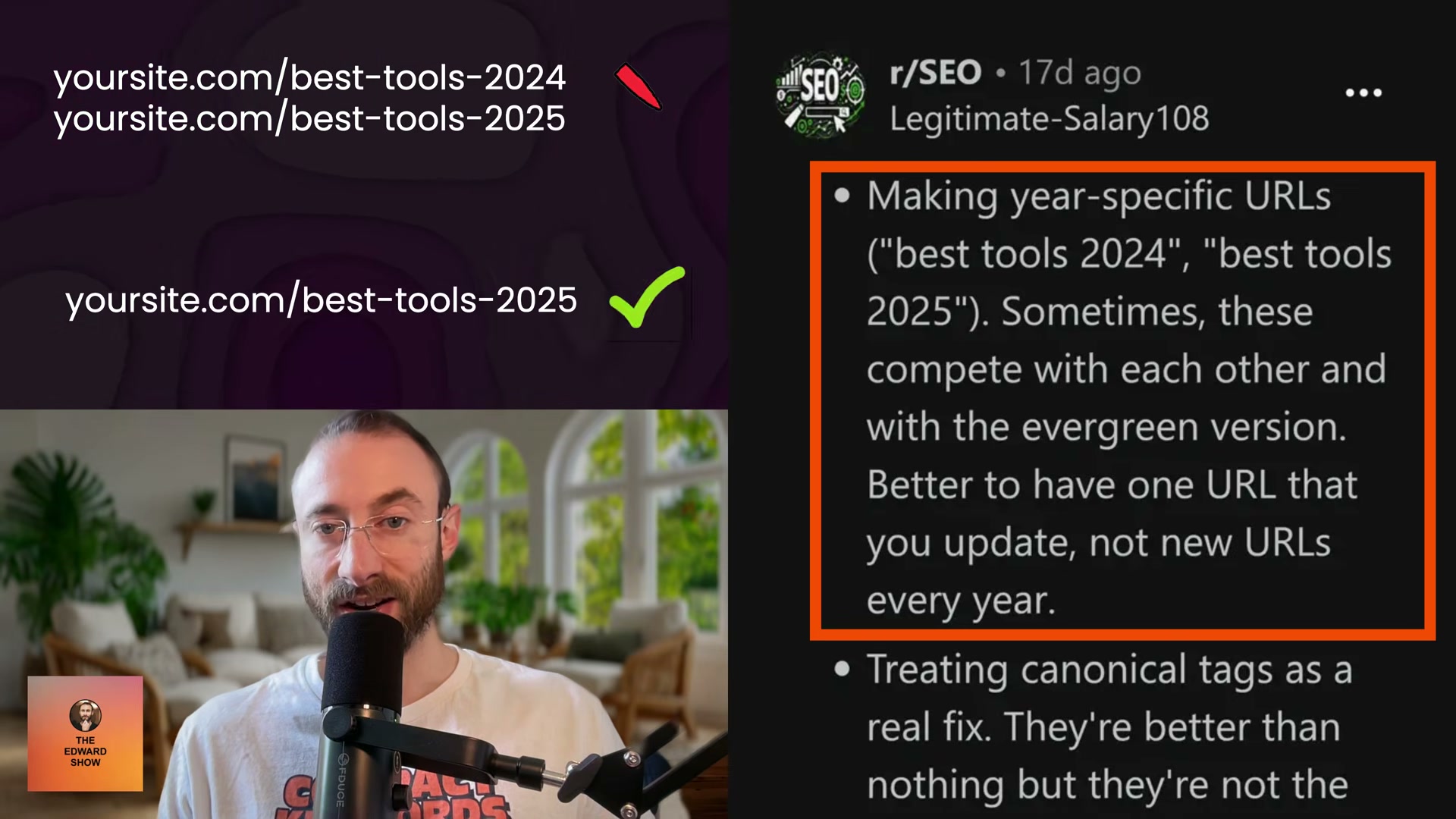 Stop creating year-stamped URLs. Maintain one evergreen URL you update annually — /best-tools-2024 and /best-tools-2025 will cannibalize each other and the timeless version.