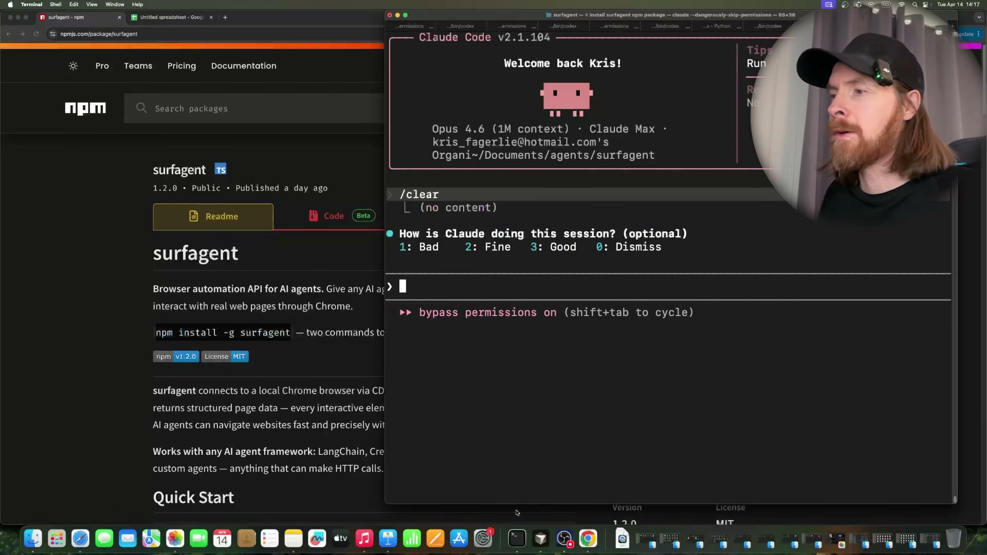 The npm registry page for surfagent alongside Claude Code running `npm install -g surfagent` in real time.