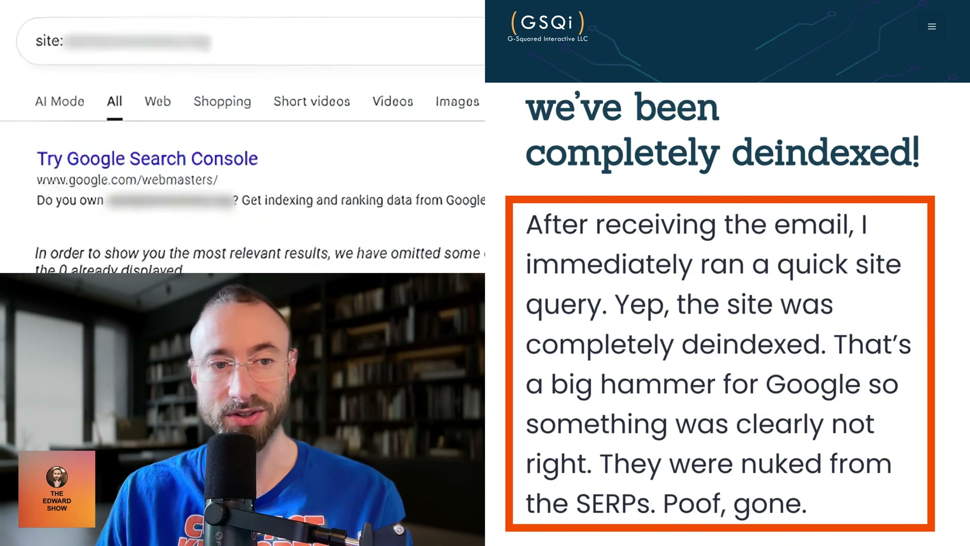 First diagnostic step: a site: query confirms zero pages indexed — the entire domain is gone from Google