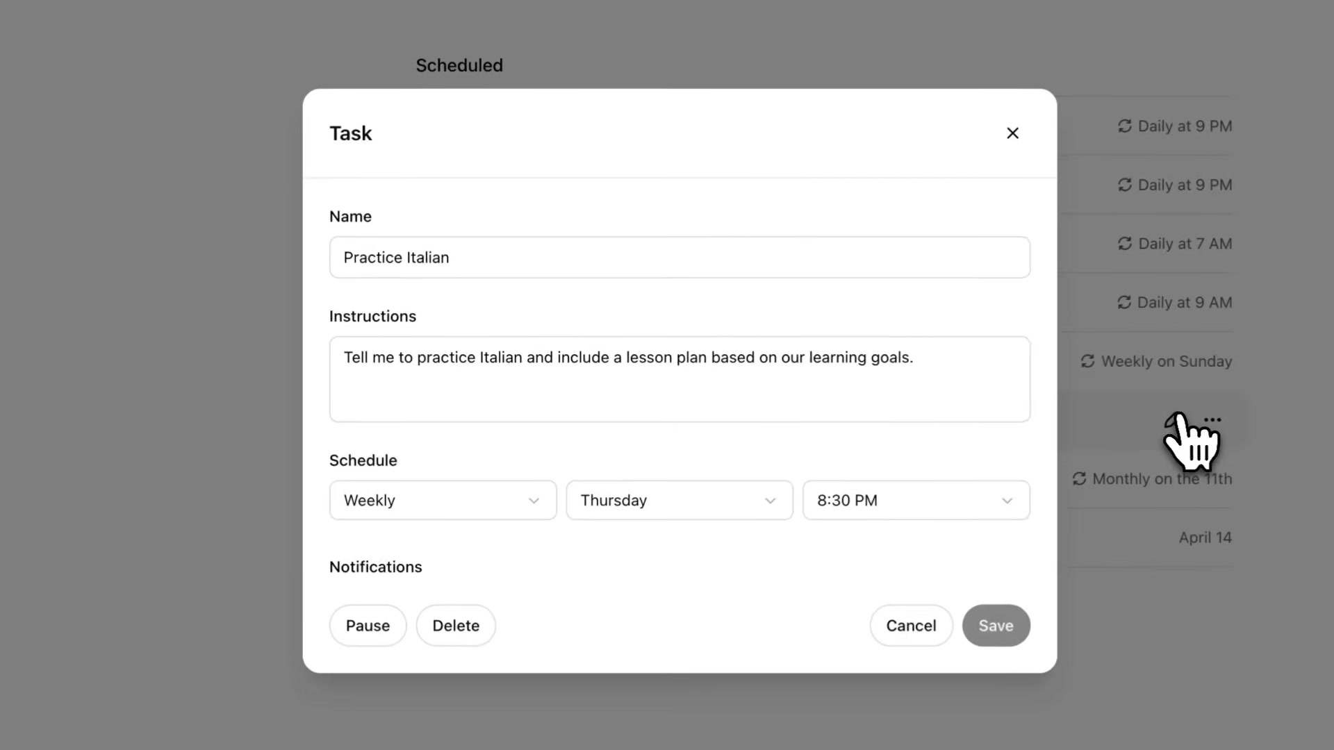 Claude Routines task editor: set name, instructions, and a recurring schedule (weekly, daily, monthly)
