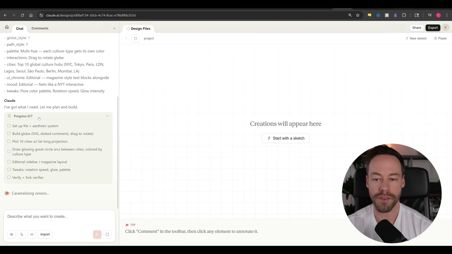 After answering the questions, Claude outputs a 7-step build plan and begins executing — you can watch each task check off in real time.