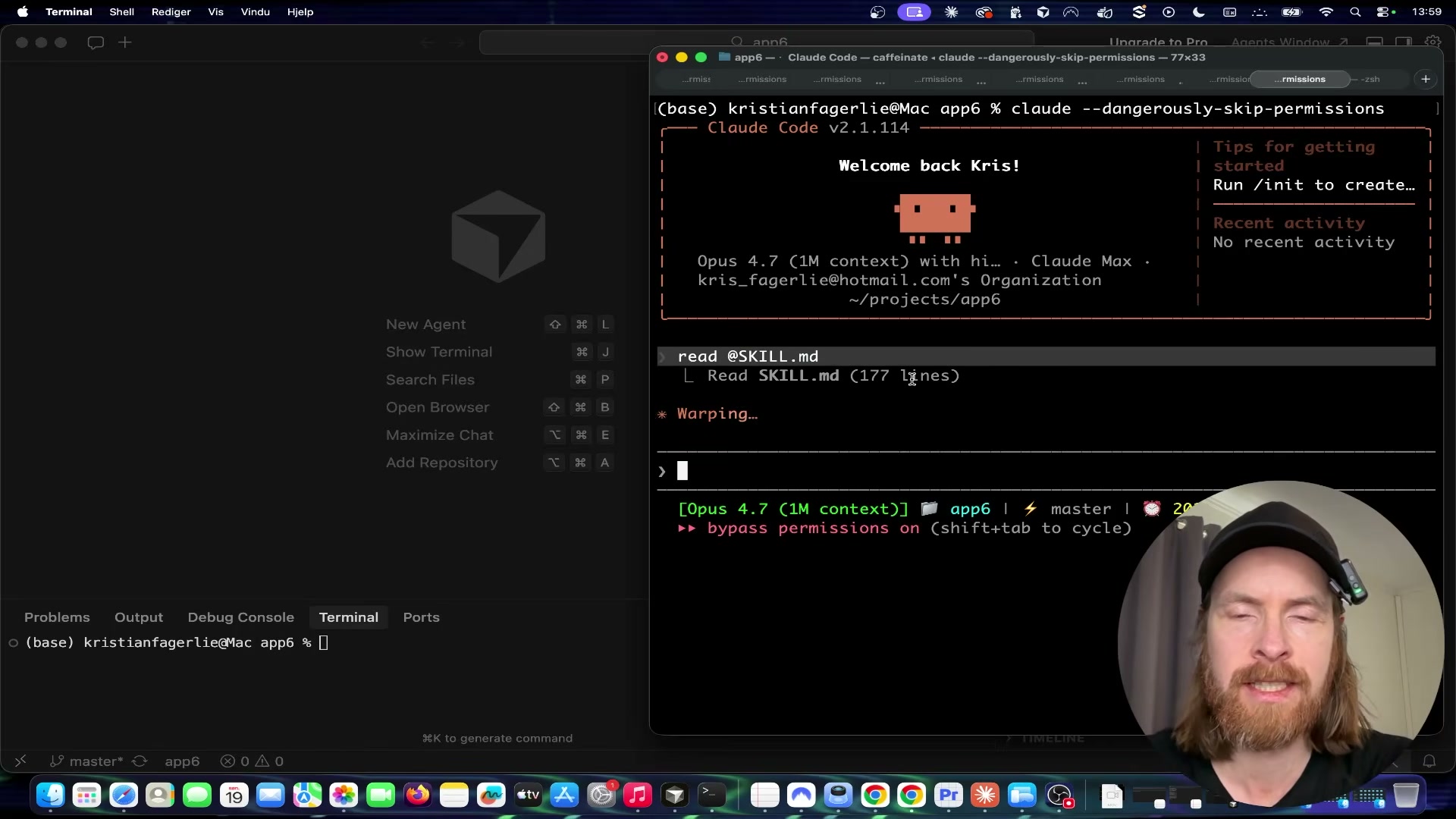 Launching Claude Code with `--dangerously-skip-permissions` and Opus 4.7 — the command that hands full control to the agent.