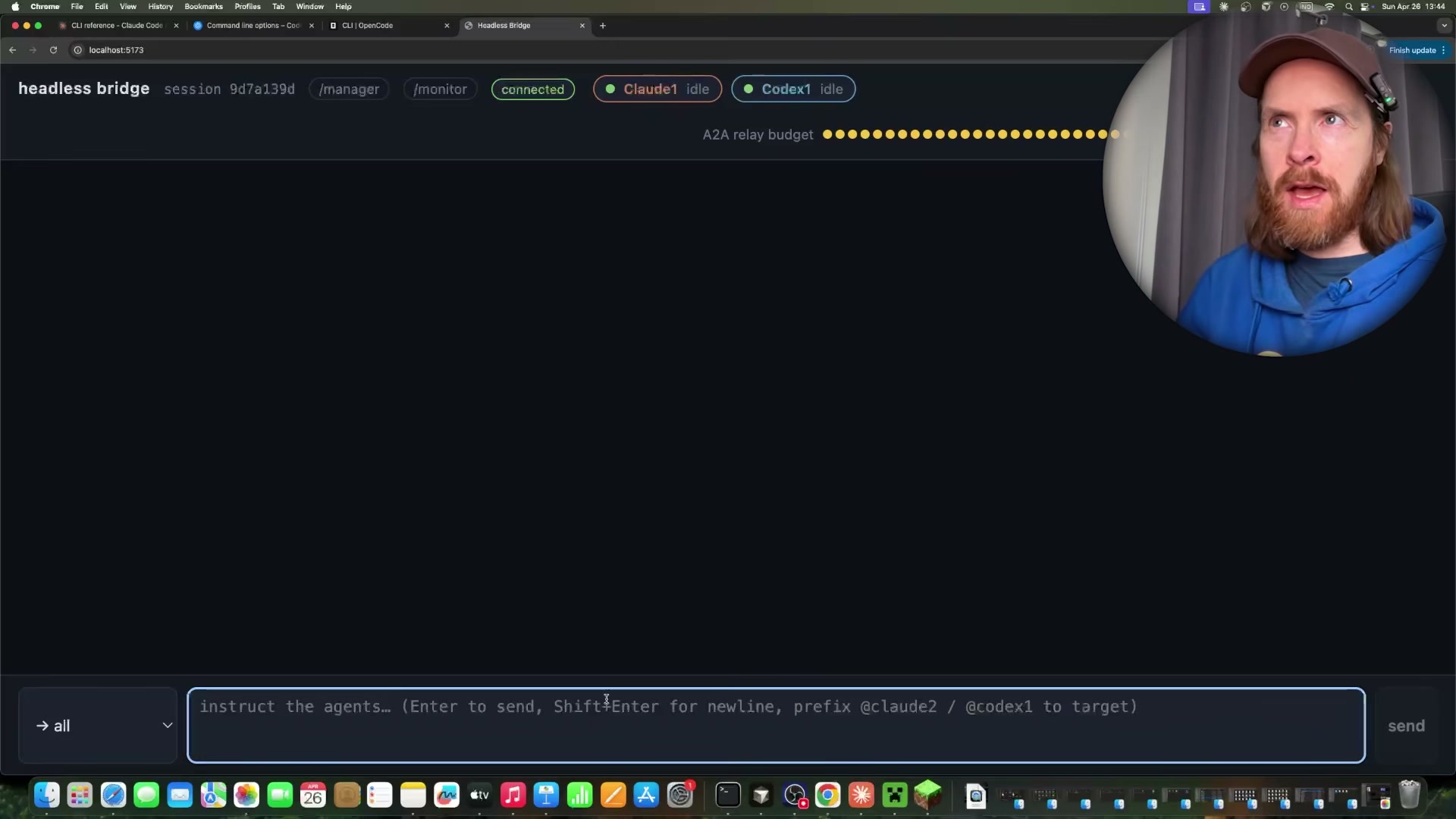 The custom Headless Bridge UI — your control panel for routing messages between Claude and Codex agents