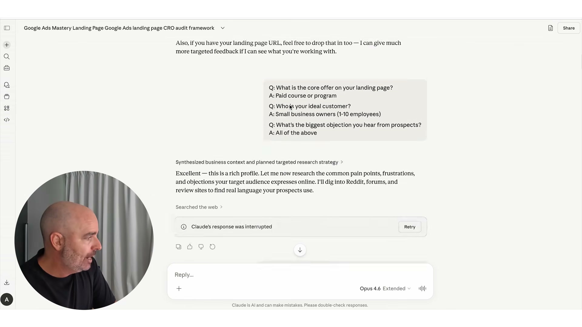 Claude's CRO audit intake: answering Q&A about your offer, audience, and objections — then the AI researches pain points automatically
