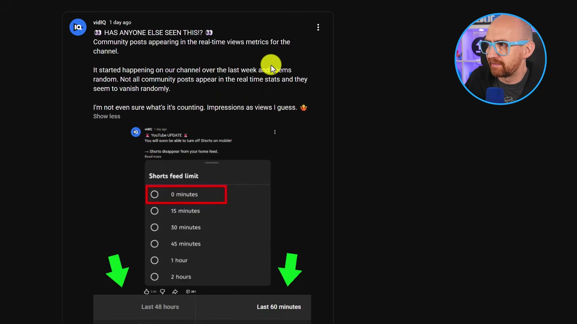 The community post that launched the investigation — and the converted Short nested inside it with Shorts feed limit options