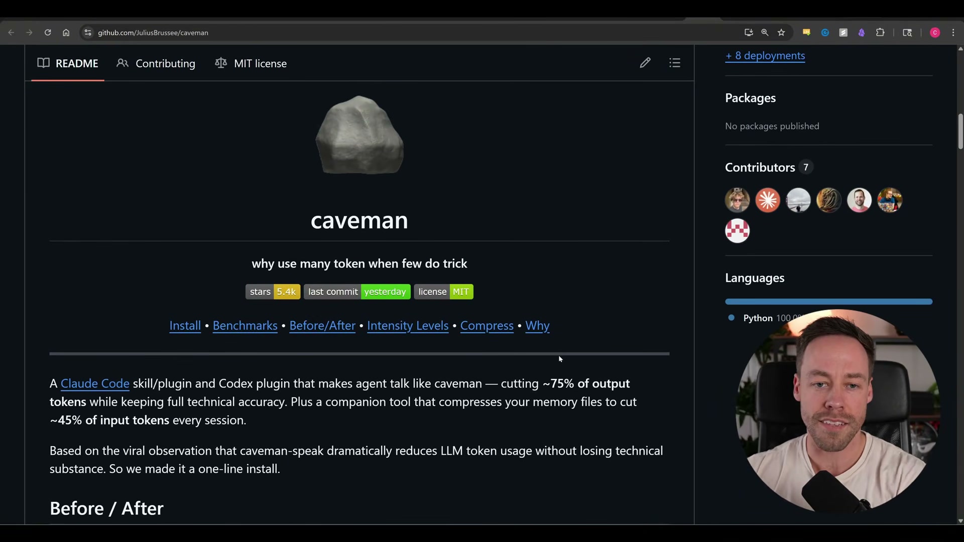 The Caveman GitHub repo README — install instructions, benchmarks, before/after examples, and intensity levels all linked from the top nav.