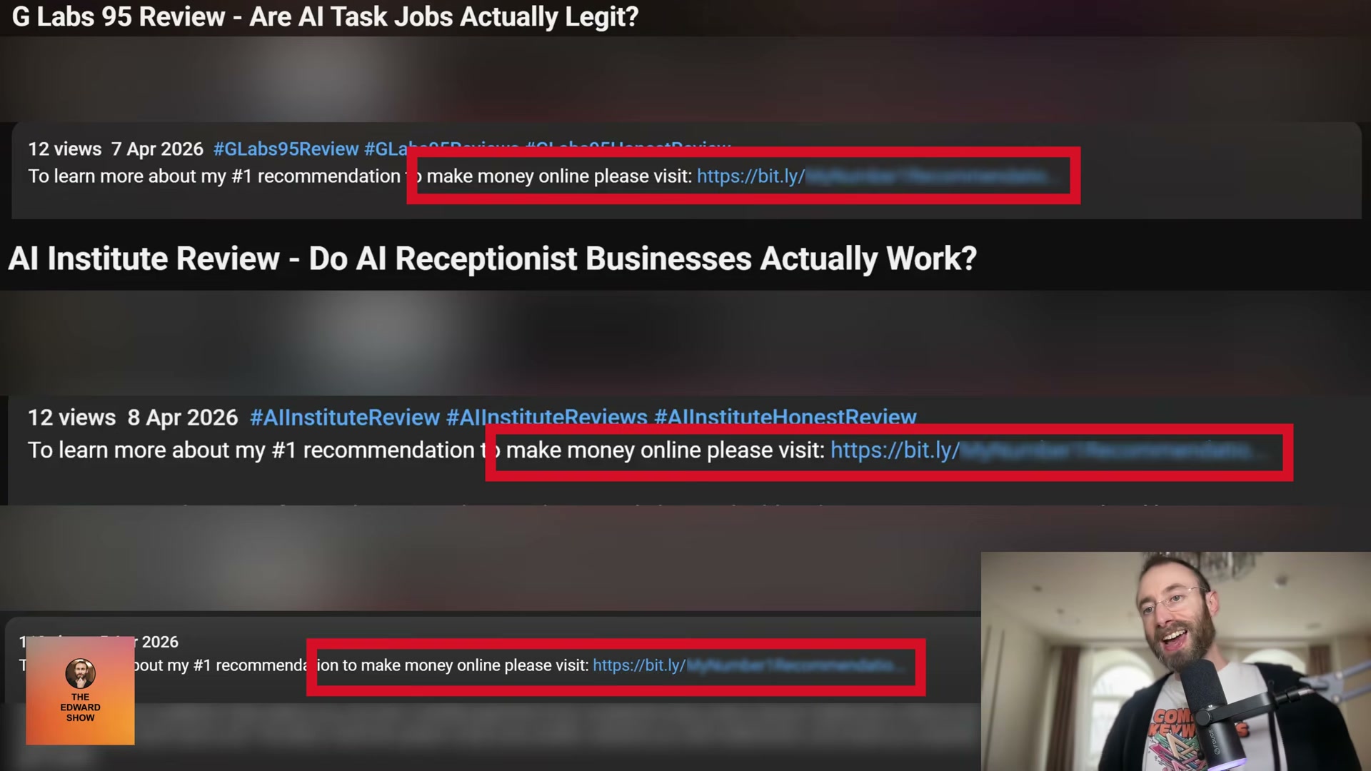 Every fake review video funnels viewers to the same affiliate link buried in the description — the monetization engine behind the tactic.