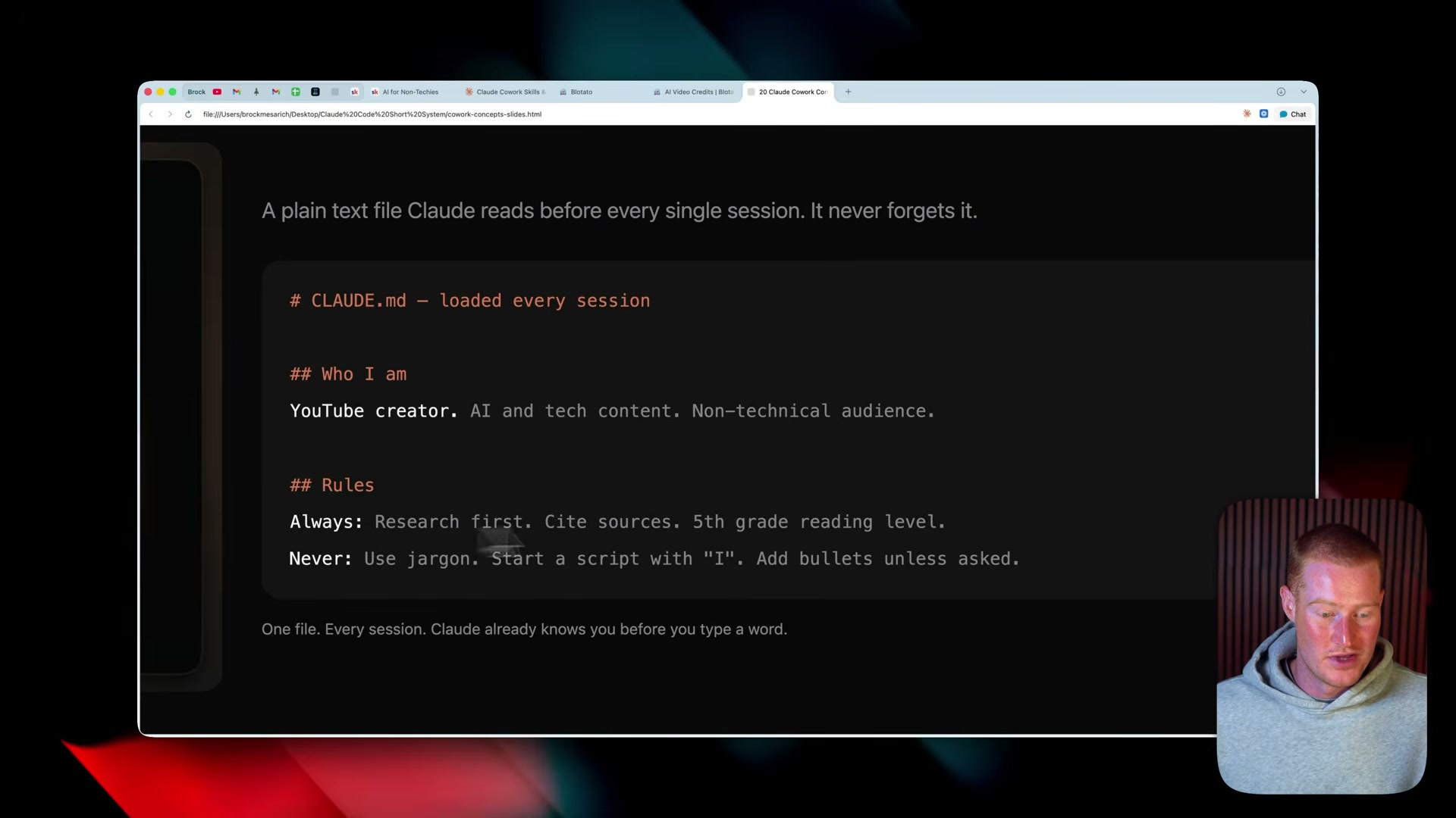 Inside CLAUDE.md: define who you are, set Always/Never rules, and Claude internalizes them every session