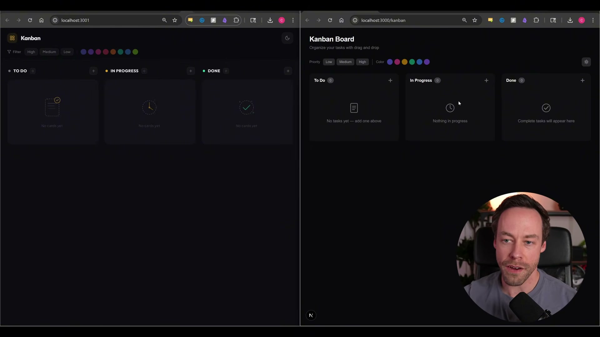 Both kanban boards fully built and running — Local Plan (left, port 3001) vs Ultraplan (right, port 3000) in dark mode