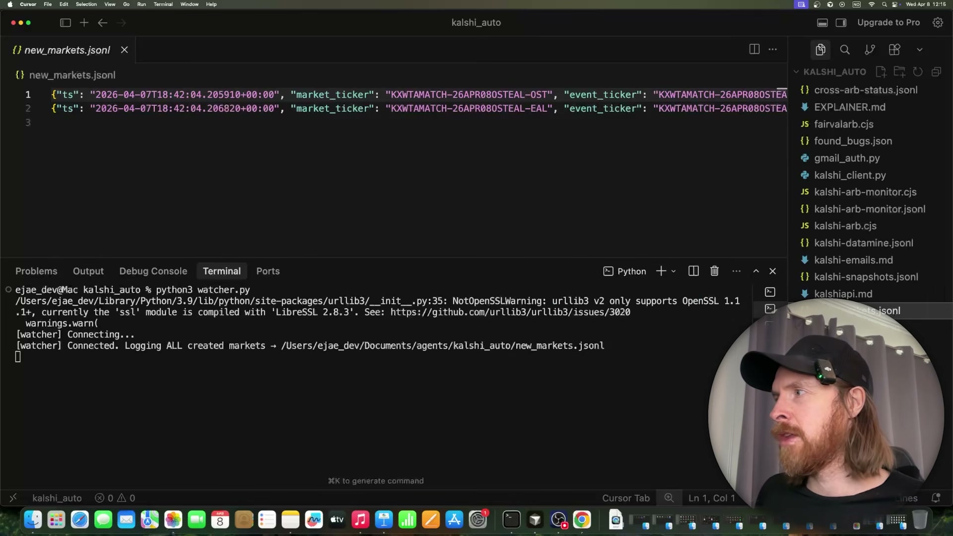 Live confirmation that the data pipeline is running end-to-end: new market data streams into a JSONL file while the watcher process holds an active connection.