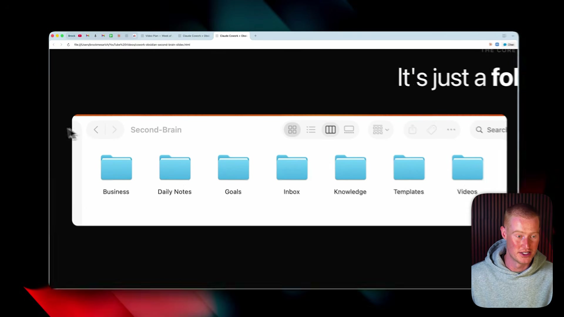 Your Second-Brain vault root: seven folders of plain markdown. Claude navigates this structure the same way you do in Finder.