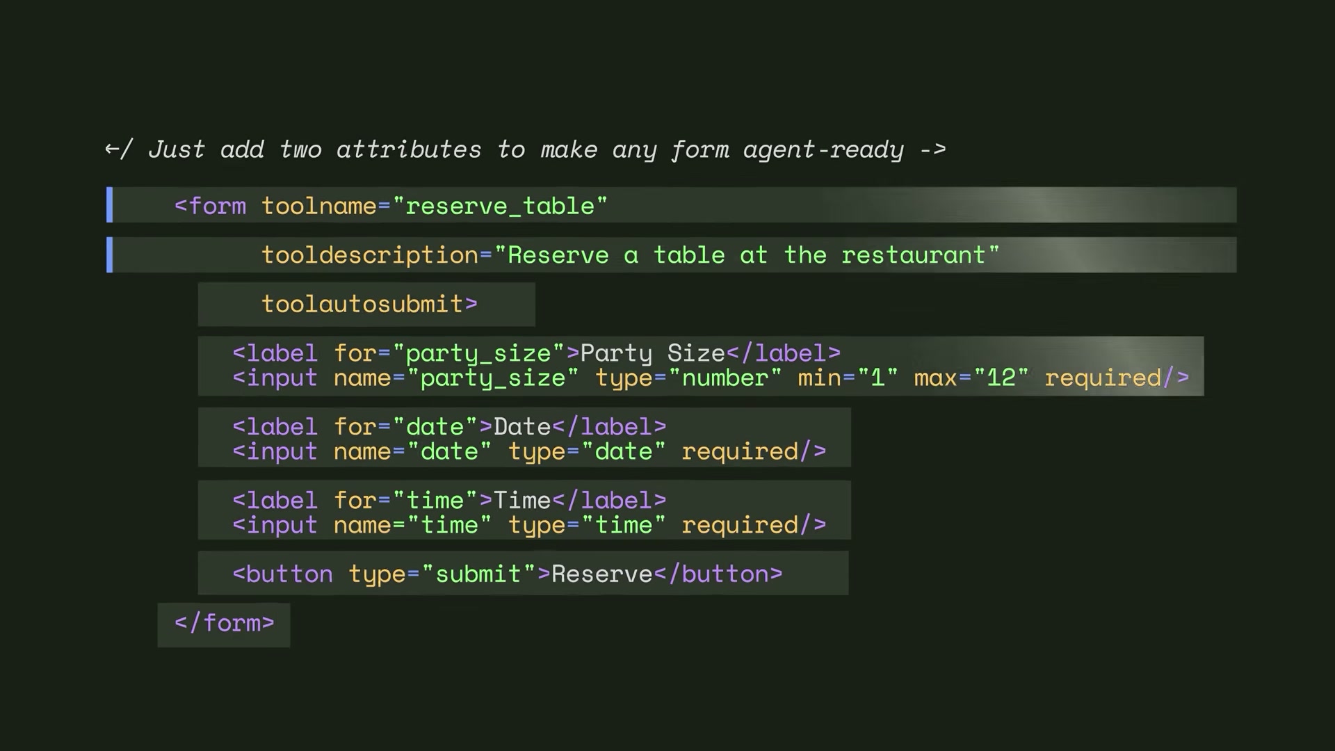 Add toolname, tooldescription, and toolautosubmit to any HTML form to make it instantly agent-readable