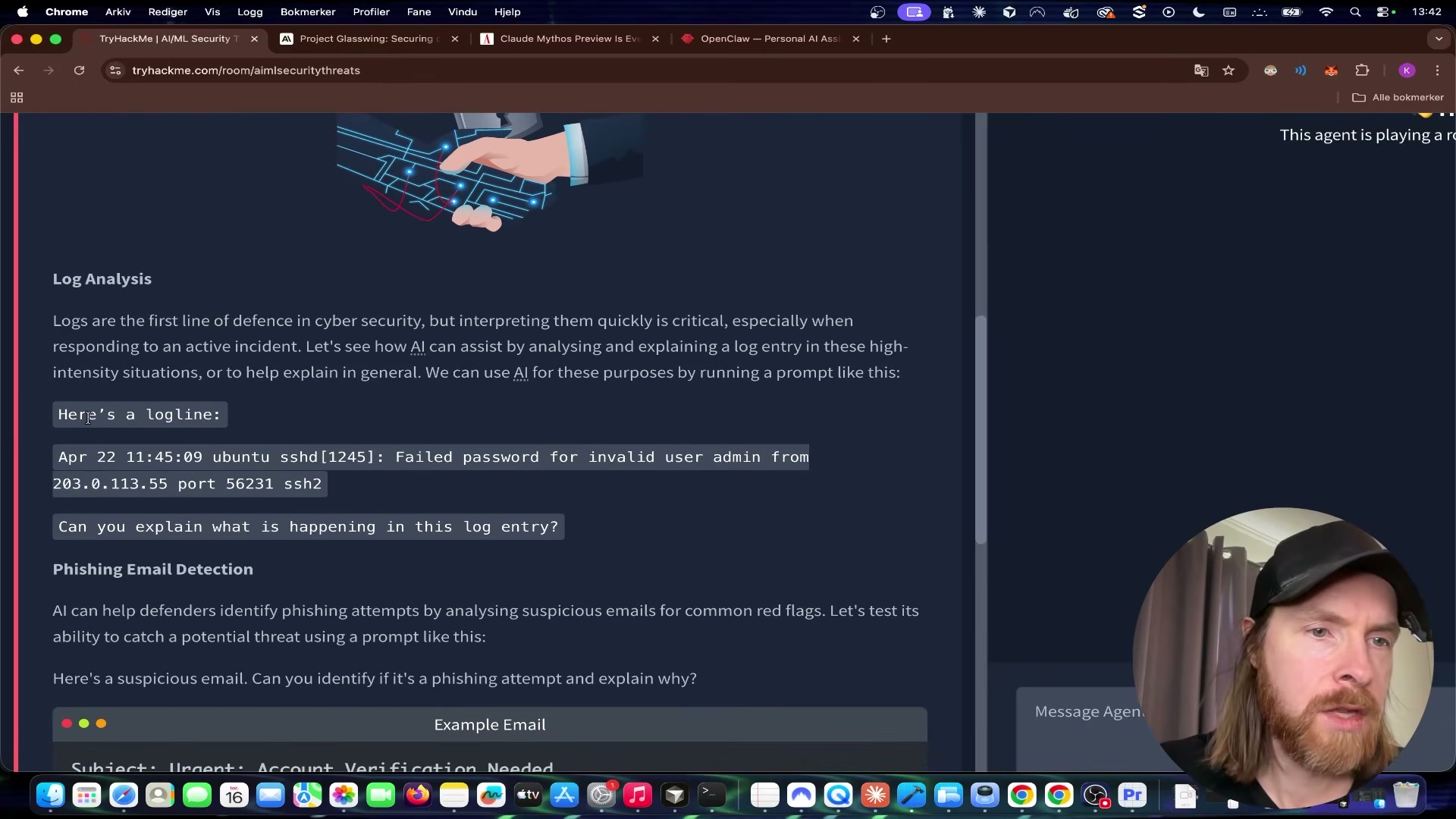 Two defensive AI prompts ready to run: paste an SSH log entry and ask the agent to explain it, or feed it a suspicious email to flag as phishing