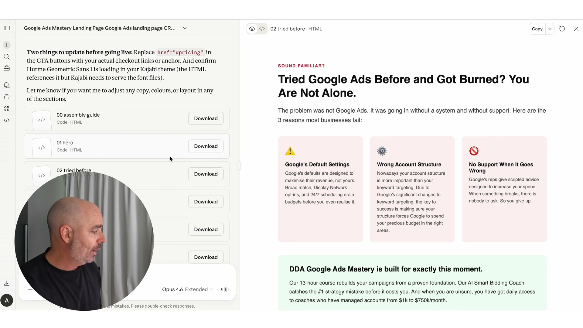 Claude delivers the full HTML landing page in modular sections — preview on the right shows a conversion-ready layout with headline, sub-headline, and 3-column objection blocks