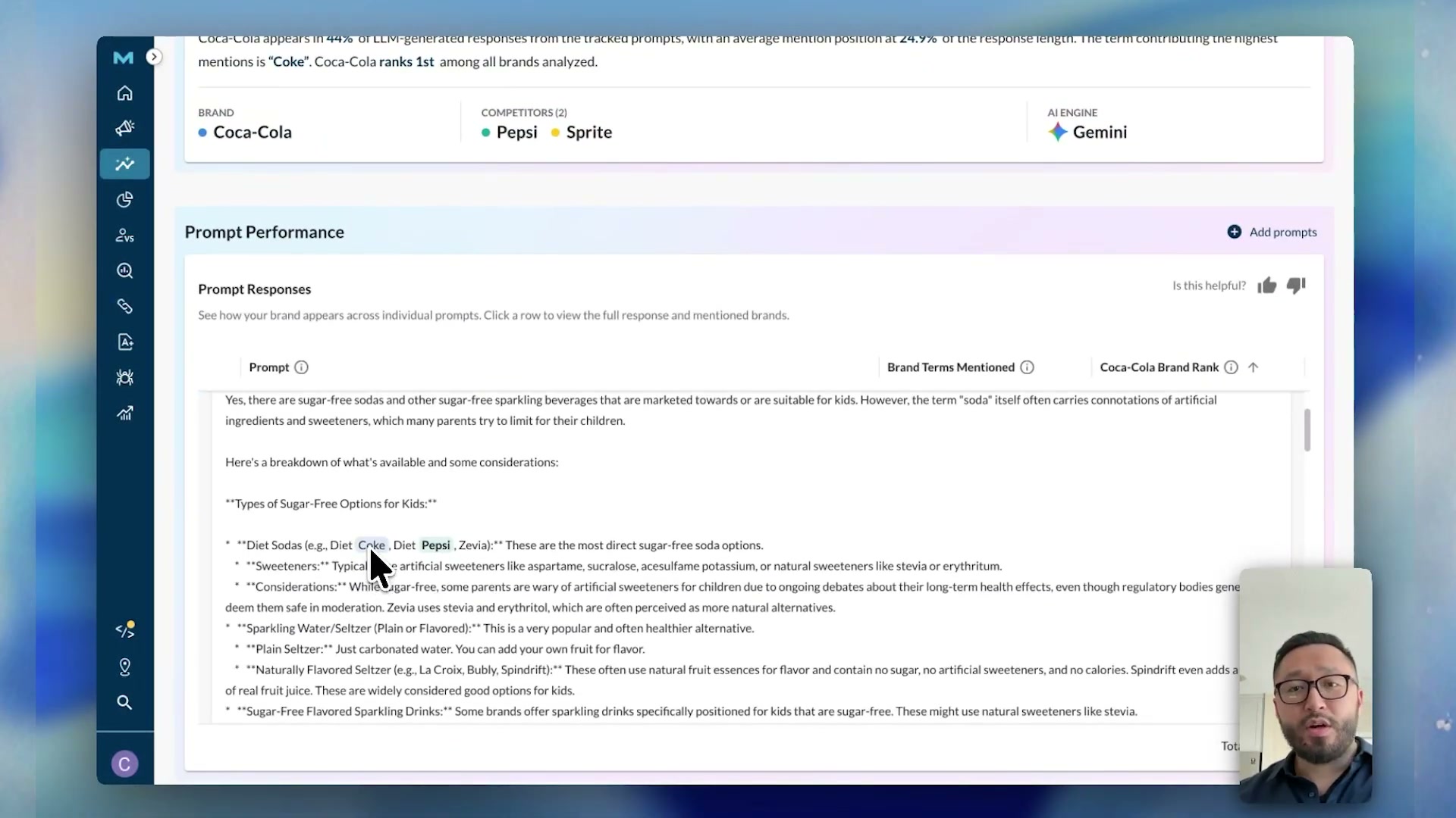 Drill into any prompt to see the exact AI-generated response, with your brand and competitor mentions highlighted in context.