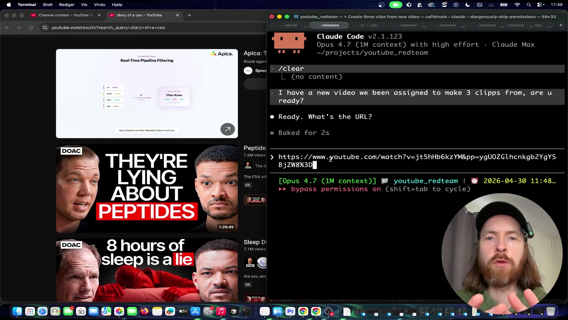 Triggering the pipeline: paste a YouTube URL into Claude Code and it takes over from there